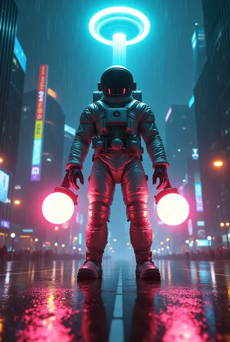 Giant astronaut with two big black balls, glowing with their own multi-colored lights, standing out prominently in the middle of a big city full of lights, night atmosphere, rain, in the sky there is a UFO floating, shining a beam of light down on the peni...