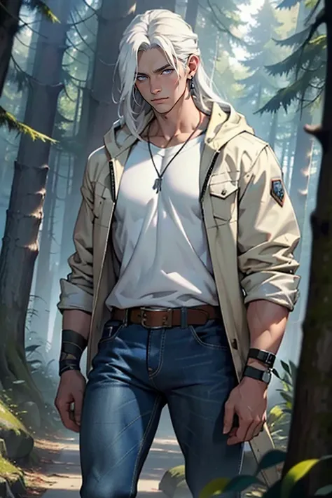 ((masterpiece)), (((best quality))), solo, 1 male, pale white skin, (long white hair), (((straight hair))), shoulder-length hair, side part, very handsome young man, beautiful face, lean, tall, (large pecs), (wide hips), (thick thighs), purple eyes, ((hood...