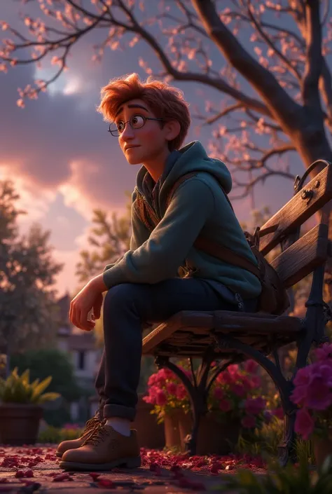 A 3D render image of a young man named Lucas, sitting alone on a park bench at dusk. He has red messy hair, glasses, and a green hoodie, looking down with a sad and defeated expression. His backpack is beside him, and the atmosphere feels heavy, with gray ...