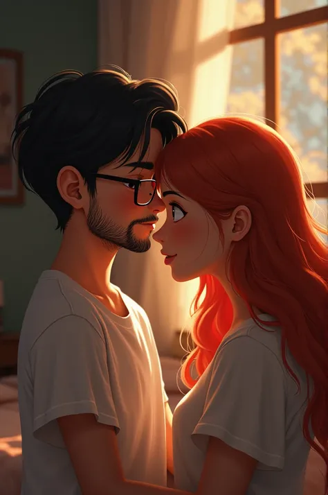 Kiss on the forehead of a thin boy with glasses a short beard to a girl with red hair 