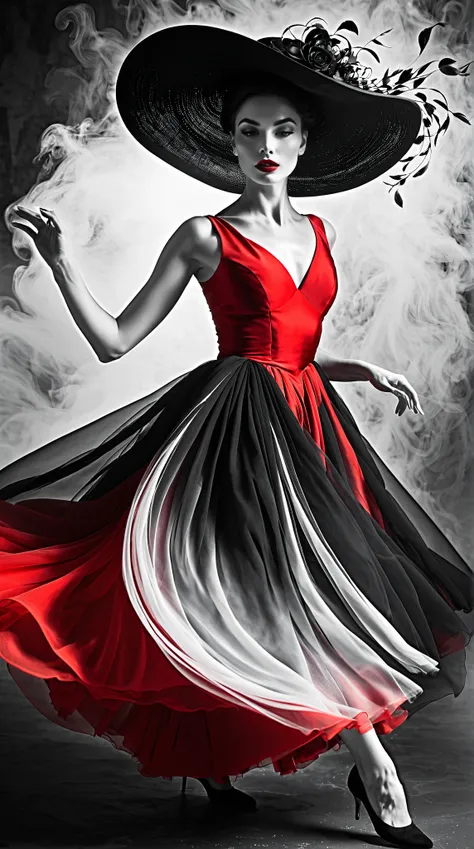 (Art Dance Poster Design)
(Ethereal European dancer gracefully in motion)
(Wearing a flowing 1950s fashion dress, embodying elegance)
Head held high, with fair and flawless skin, high nose bridge
(Face obscured by a large, whimsical hat: 1.37)
(Poignant ex...