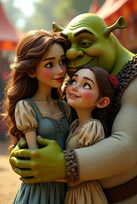  Shrek and Fiona are kissing a fair-skinned girl with freckles and moles, brown curly hair, pink lips and round eyes  