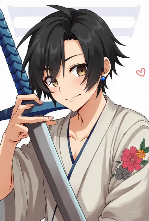  black hair,  split bangs,  handsome,anime,anime,  smiles,  high definition model,  brown eyes, centred bangs,anime風, Frame,  sword,Strongest Sword ,砂糖顔 handsome,blue earring,Tattoo on right arm(red、 orange 、 pink、Gray Flowers ), simple background, Godley,...