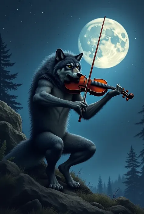  The image of an angry wolf playing a stradivarius violin ,  in the background the night with the full moon and let each star be a musical note. Let the wolf come out sideways playing and seeing the moon 