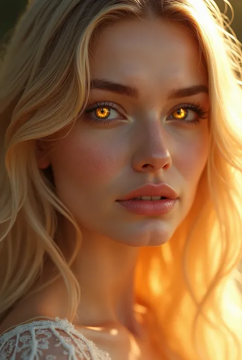 Female, Long straight golden blonde hair, eyelashes the same color as her hair, beautiful golden eyes, a high nose and thin lips, and cheeks glowing with a light pink color.