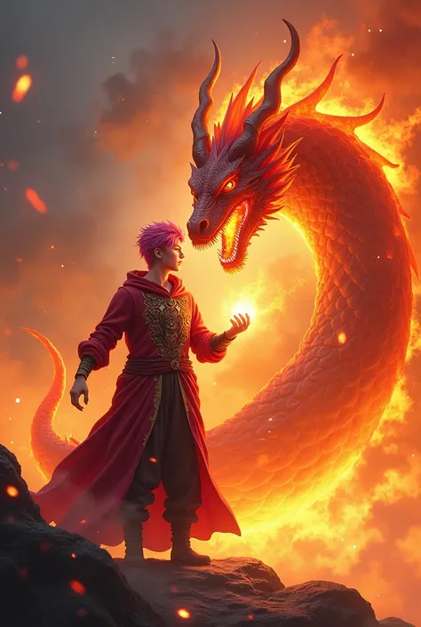  a pink-haired male magician about 22 years old who corrects fire magic, creating lava ,  next to the beast is the fire dragon 