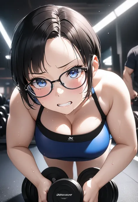 RAWphoto,photorealistic,8k16k,best quality,perfect anatomy,perfect detailed,ultra highres, extremely detailed eyes and face,gleaming skin,shiny skin,1girl,Japanese,black short hair,pixie cut, (wearing glasses:1.3),(parted bangs,forehead:1.2),round face,med...