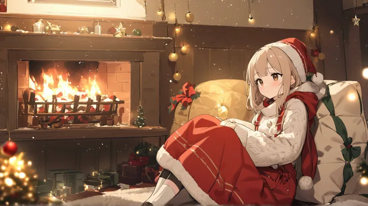  A warm indoor Christmas scene 。 A girl in warm winter clothes 、It looks like theyre near a shining fireplace。 The room is wrapped in soft light 、 There is a beautifully decorated Christmas tree nearby 、 lights and ornaments that gently emit magical light ...