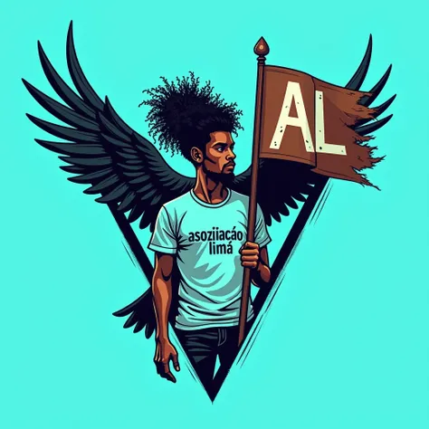 Logo with a triangular background .  A crow with open wings coming out from behind a young black man with long curly hair tied in a tall bun.  The person is wearing a t-shirt with the words  "Associação Lima " written in a flashy and stylish font .  holdin...