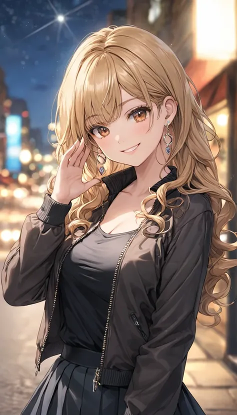  One Girl ,  bangs, black  skirt, black  sweater , Blue Claws, Blurred, Blurred background, Chest,  brown eyes, blond Hair, brown  jacket, Shut up, Day included, day,  Border Depth ,  earrings,  eyelash ,  raise your hand,  tilting your head ,  jacket, gem...