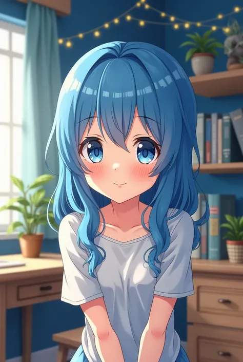 A detailed anime girl with beautiful blue hair, wearing a blue shirt and black pants, smiling happily in her bedroom with the interior, (best quality,4k,8k,highres,masterpiece:1.2),ultra-detailed,(realistic,photorealistic,photo-realistic:1.37),beautiful de...