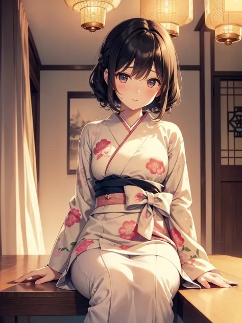 A Taisho era modern girl sitting gracefully in a retro café, sipping coffee while lost in thought. She is dressed in an elegant kimono with a modern twist, featuring intricate patterns and soft pastel colors. Her hairstyle is a classic bob with delicate cu...