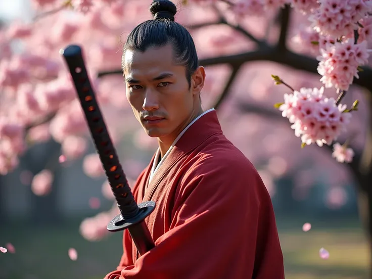   realism 　Realistic　photograph 　Age 30　Swordsmanship　Master　 skinhead　muscle bodybuilder　 muscular　 Japanese　Cherry blossom petals fluttering down　Standing next to a cherry tree　 sword in the background　 facing forward
