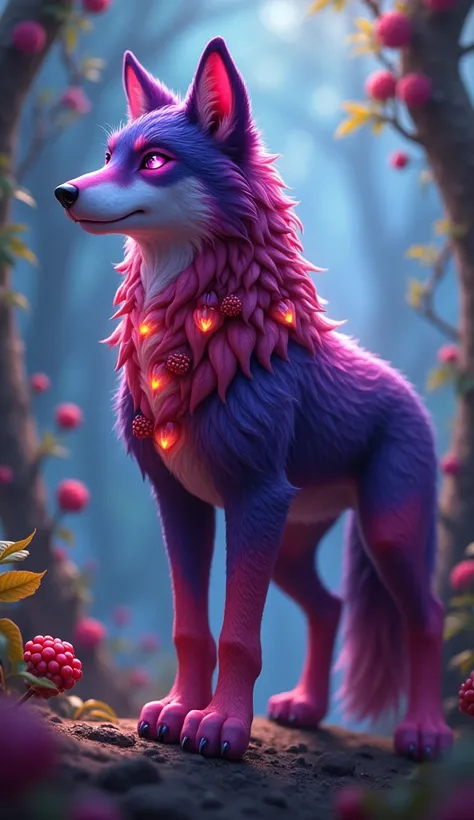 A mystical creature that blends the power of a wolf with the essence of a berry. This hybrid has the sleek, muscular body of a wolf, but its fur is interwoven with vibrant hues of red, purple, and blue, mimicking the colors of wild berries. Small clusters ...