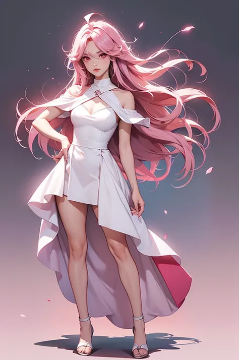 Dora, red eyes, medium breasts, very long hair, pink hair, white dress, clothing cutout, twin ahoge, multiple ahoge, antenna hair, standing. full body, dragonage style
