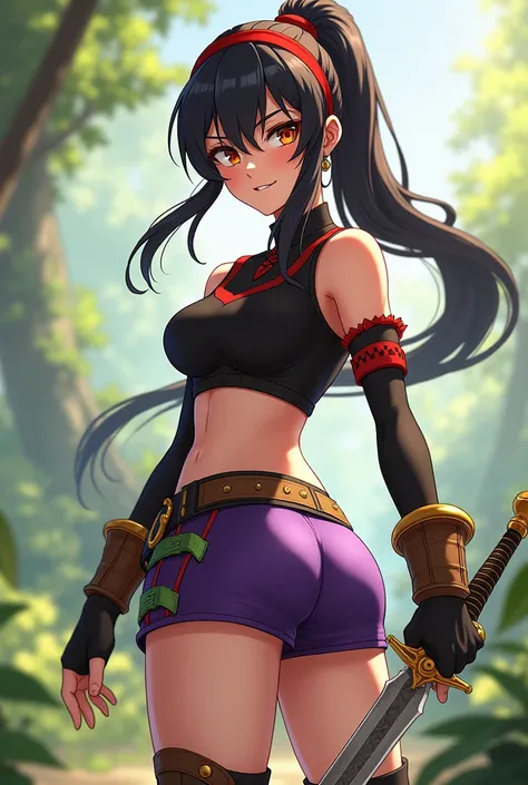 Gender: Female
Hair: Long black hair styled in a slightly messy way, tied with a red hairband.
Eyes: Golden brown eyes with large round pupils, accented by striking red eye makeup.
Clothing: A black top with red and gold accents, paired with purple shorts ...