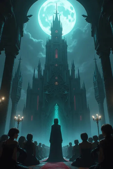 An Underworld Queens Castle ,  her subjects are revering her with total respect .  Hatsune Miku is the queen of that kingdom ,  her facial expression is evil and she has an intimidating smile.