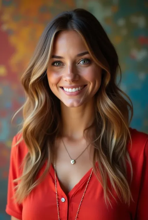 The image features a woman with long, wavy light brown hair, wearing a red top and smiling at the camera. The background is a colorful, textured blur, and the lighting is warm, enhancing her glowing skin. She has blue eyes, a delicate necklace, and natural...