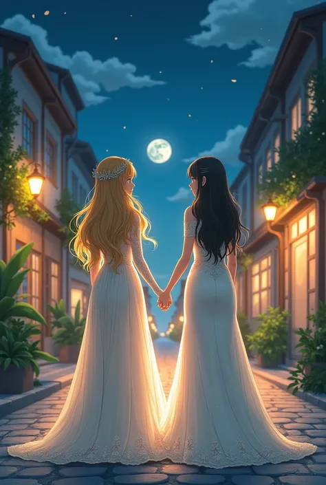 Now have Princess Zelda and Shouko Komi wearing wedding dresses walk down the street holding hands during the night