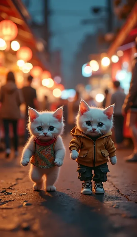  Baby Cats Walking Upright in a City Night Market
Two white baby cats are walking upright and forward through a lively night market. One wears a boho-style colorful dress, and the other sports a trendy hoodie with sneakers and cargo pants. Their faintly du...