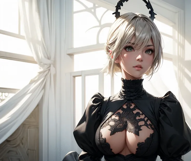  highest image quality taken by Ki、 high definition、See-through costume、 NieR:Automata、2b、Big Breasts、oversized breasts 、Thin neck、Glossy lips、Pull your chin in、