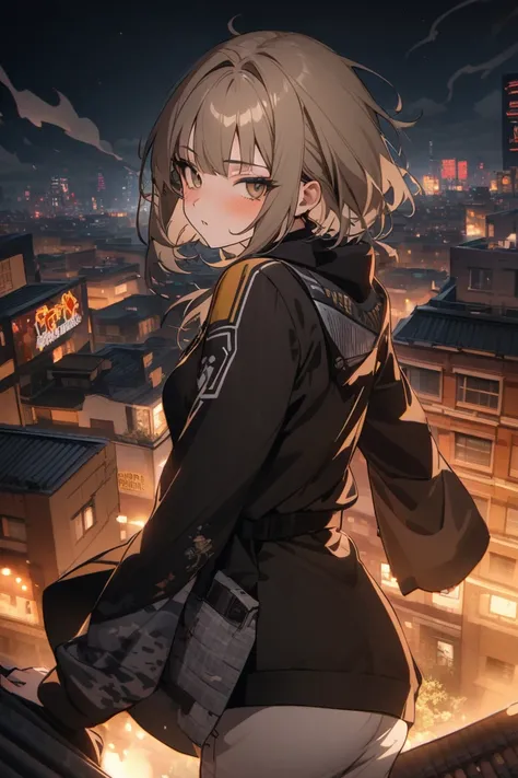  Himiko Toga stretches and bends, smoke, on the roof, buildings, Night, world, billboards , Большая грудь, focus, Масштабированный слой, близкий кадр, широкая безумная улыбка, зубки, поворот, аккуратные ручки, Детально, 