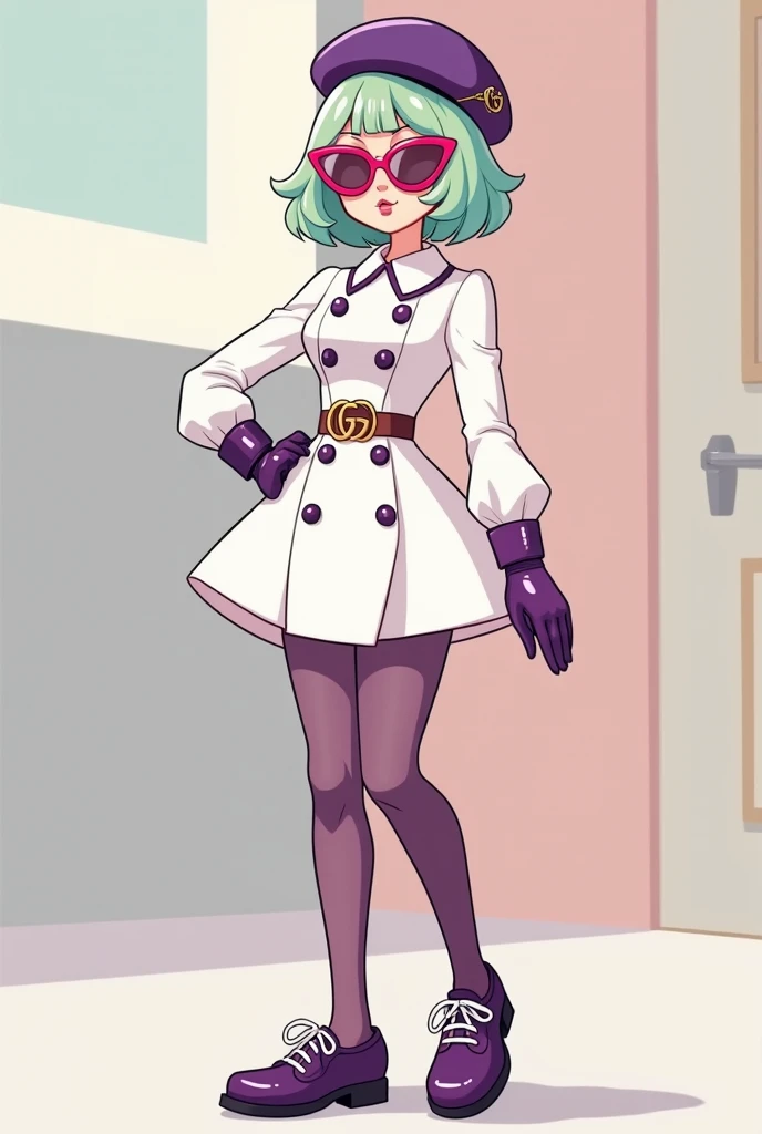 " Simplified, cartoonish 2D illustration of a girl with a retro look inspired by the 50-60s.  She wears a short white cross coat style dress with a flared cut ,  long puffed sleeves , botones grandes purples y un cinturón marrón delgado con hebilla dorada ...