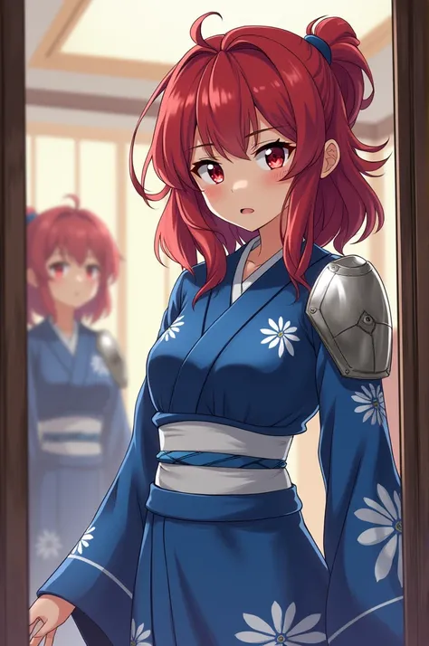 anime, young attractive girl ,  slim build, wavy red hair, Ojos rojos,   wide hips ,  wears a blue kimono with white details and a shiny silver shield on her arm, She looks quite confused looking at a mirror in a modern room .

style: manga