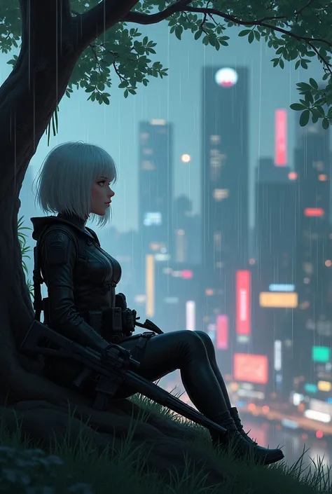 Make me a realistic soldier girl with white hair, alot of skin showing and barely any armour, make her lay down on a tree looking out into a neon Metropolitan modern city with her gun laying beside her. Make it rain as well with beautiful nature around her...