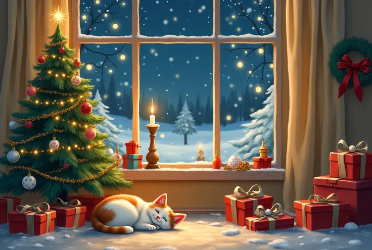 Christmas tree with decorations 、 with gifts and candles lit in the window,  kitten sleeping in front of the tree ,Warm Room , pastel by senior artist  , シャッターストック,  naive art ,  Christmas Night,  lights are on , ( (  Thomas Kinkade ) ),  Holiday Season , ...