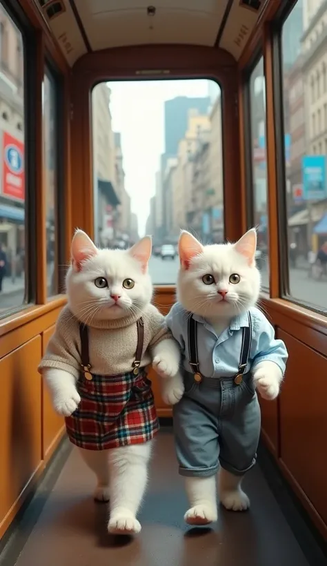  Baby Cats Walking Upright Inside a Tram
Two white baby cats are walking upright and forward through a vintage city tram with large windows. One wears a plaid skirt with a tucked-in sweater, while the other sports suspenders with a light blue shirt and tin...