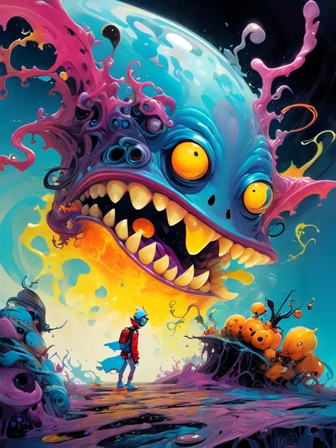 a ghost, oil painting, pop art style, vibrant colors, dynamic composition, Skottie Young and Bill Sienkiewicz inspired, detailed textures, dramatic lighting, surreal elements, fantastical creatures, bold brushstrokes, striking contrast, whimsical atmospher...