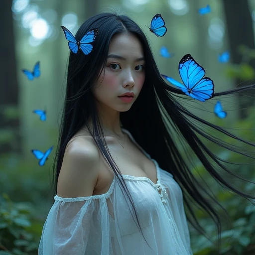  Beautiful snow-white woman , sky blue eyes,  blushed cheeks, splash nose,  silky and long straight jet-black hair,  in a wild forest ,  surrounded by trees and vegetation ,  with blue butterflies flying around ,  looking like something surreal and fantasy...