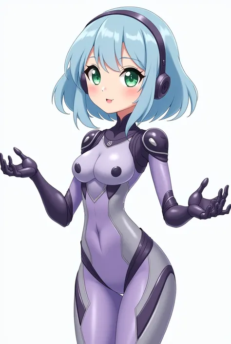 Anime-style character design with smooth, simple line art and flat coloring, minimal shading and highlights. Incorporates futuristic, mechanical elements with a cool-toned pastel color palette (light blue, purple, gray). Features stylized proportions for a...