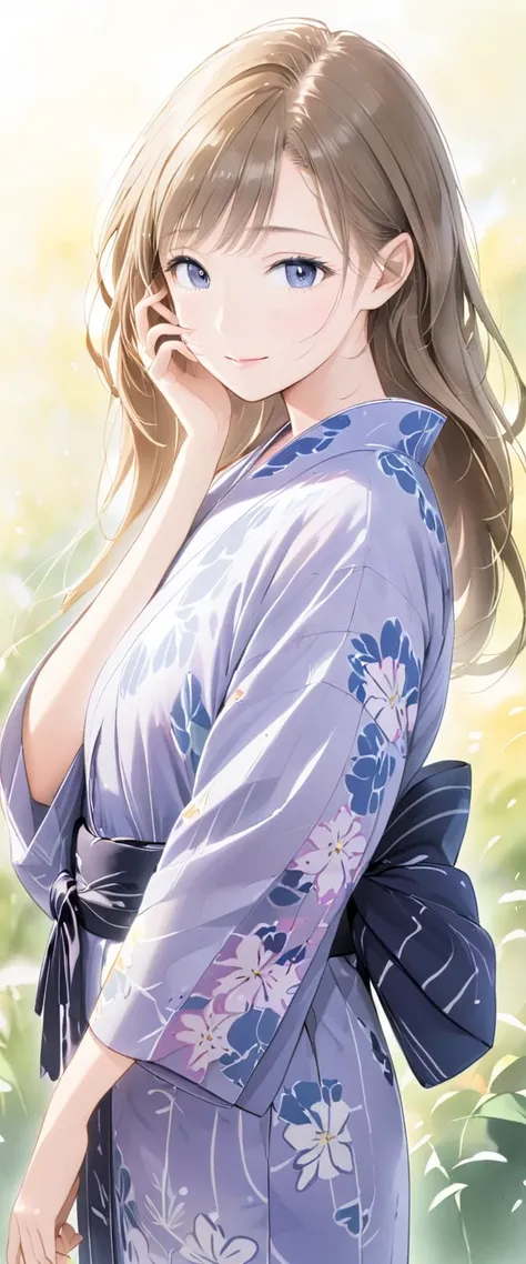 watercolor style, soft blending, soft lighting, shallow depth of field, female, young adult, looking at viewer, embarrassed, smiling, hand in own hair, Yukata, full body shot, simple background