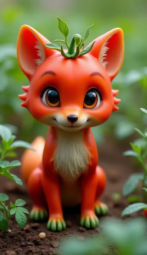 A fantastical creature merging the innocence of a baby wolf with the vibrant essence of a tomato. The hybrid has the form of a small wolf cub, but its body is covered in a smooth, glossy red surface, mimicking the texture of a ripe tomato. Tiny green leave...