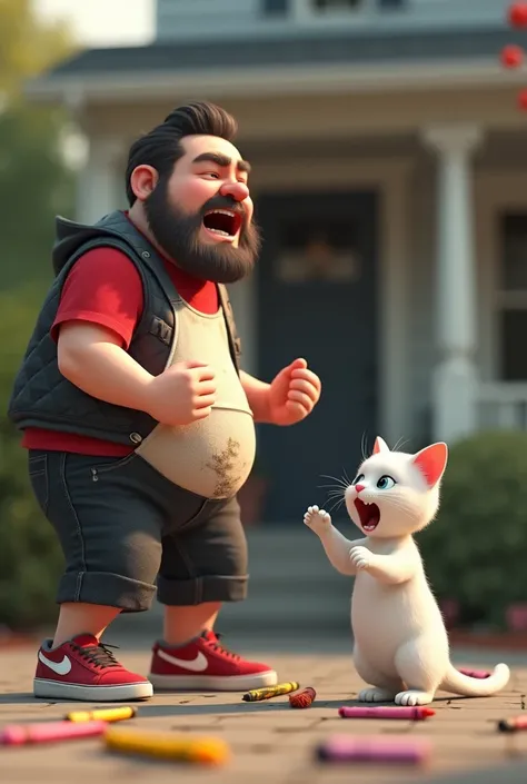 In cinematic 3D style, HD image, realistic image, colourful image.
Character, white baby cat wearing red t-shirt and black shorts and red and white sports shoes. 
Character,A Spindle fat man with light black beard wearing black jacket and white dirty vest ...