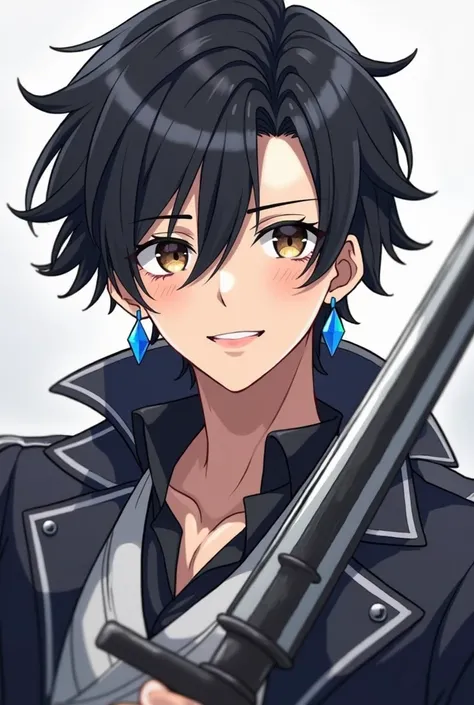  black hair,  split bangs,  handsome,anime,anime,  smiles,  high definition model,  brown eyes, centred bangs,anime style, Frame,  sword,砂糖顔 handsome,blue earring