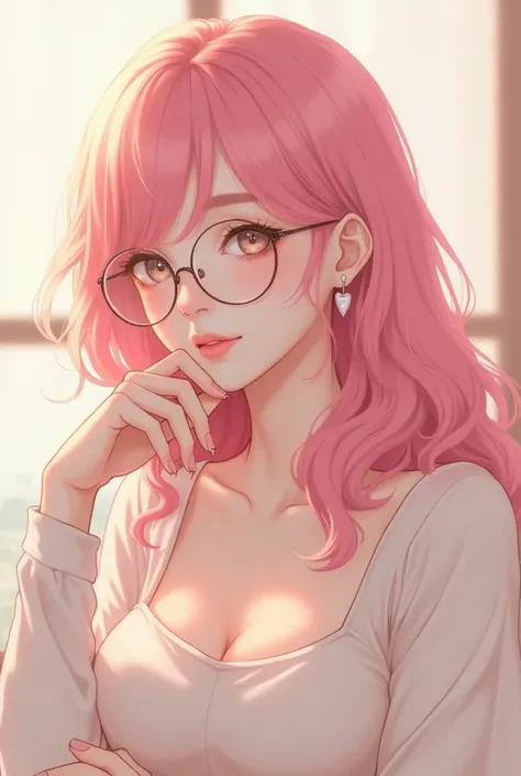 A young woman, likely Asian, with vibrant pink hair, is depicted in a digital image style. She is positioned slightly to the left of center within the frame, gazing directly at the viewer. Her light-colored eyes are accentuated by round-rimmed glasses. Her...