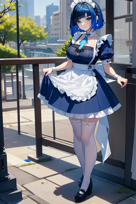 a cute solo girl ,solo,yelandef, big breasts, blue hair,wearing a japan maid dress , black pantyhose, maid shoes,shy,embrassed,smile,eyemakeup,red face,face makeup,standing sexy pose in a city, full body.