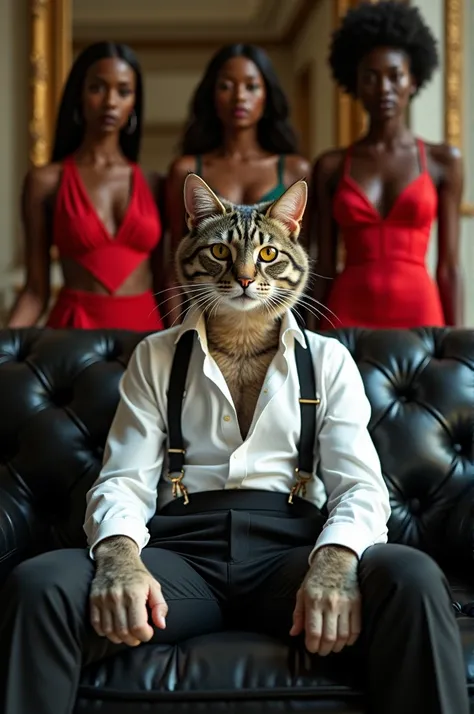 Middle ground photo, foreground, Photo for fashion magazine showing style, brutality, perfect appearance, Brutal anthropomorphic cat dressed in a white classic shirt with unbuttoned collar and strict suit pants with suspenders sits in a relaxed funky pose ...