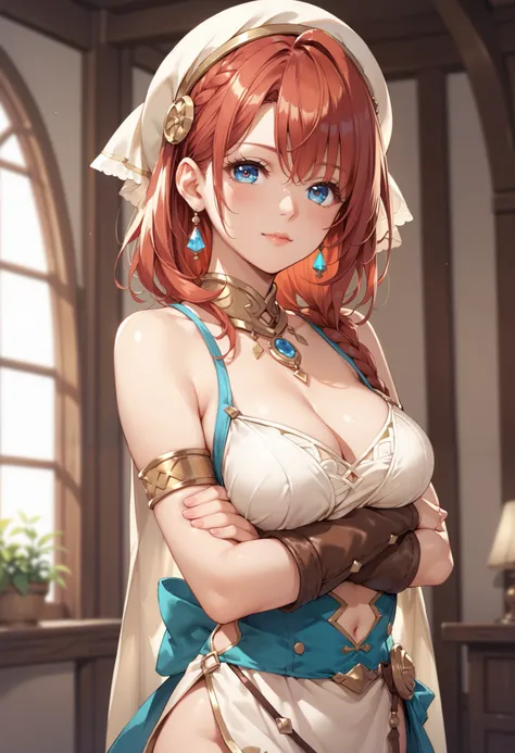 extremely detailed CG, high resolution, best quality, masterpiece, single woman, blue eyes, (beautiful detailed eyes: 1.4), red hair, medium breasts, atelier outfit, arms crossed, atelier