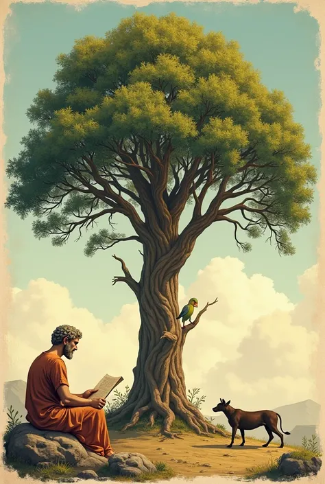 A modern scientific illustration of the Tree of Life, with Aristotle observing the tree and taking notes. The tree should have branches representing different species, and Aristotle is sitting with a scroll, making observations in the background."