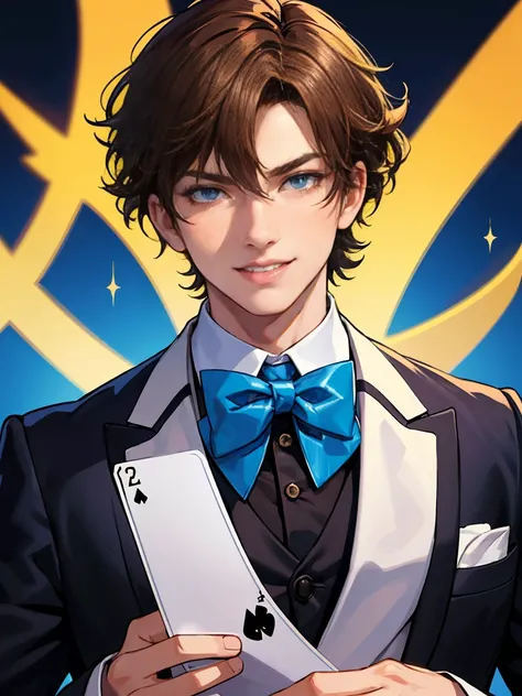 A boy with brown curly hair and blue eyes stands in front of a detailed, flashy background. He has a smirk on his face and is dressed in a classic suit with a bowtie. In his hand, he is holding a playing card. The vibrant colors and dramatic lighting empha...