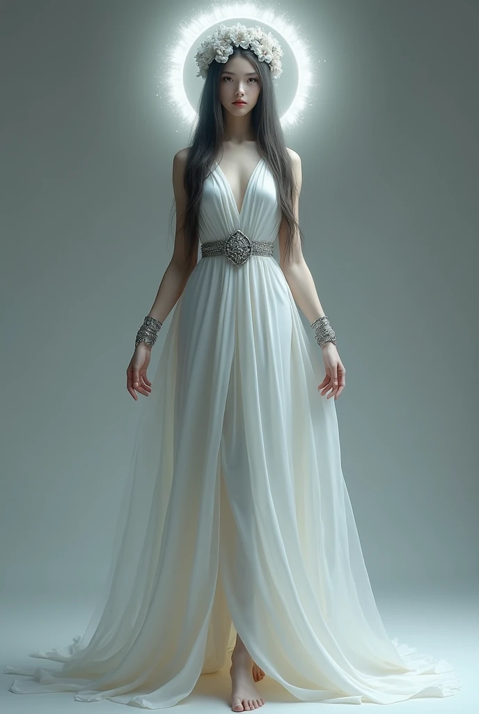 white skin. Gray eyes. Long straight hair. Hair tip gray gradation. Long hair. Both arms gray metal jewelry. Hand feet translucent. Hood. White Greek dress. Dress tip gray gradation. Gray metal flower crown. Halo. Gray halo. Goddess. Sacred. Gray aurora. H...