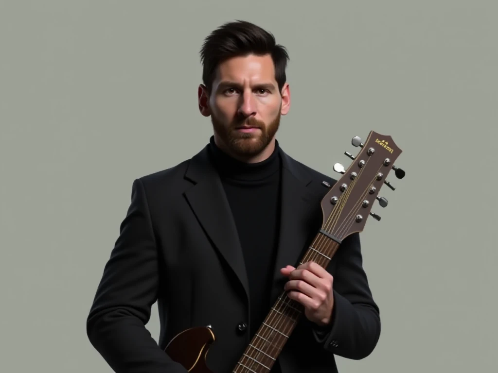 Make Messi realistic with a guitar and a black jacket 