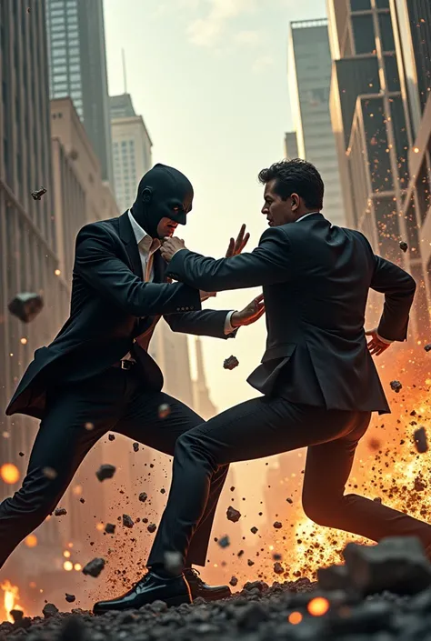 Do a fight about a 23-year-old in a black suit and a mask fighting a 25-year-old in a suit destroying a city and causing chaos