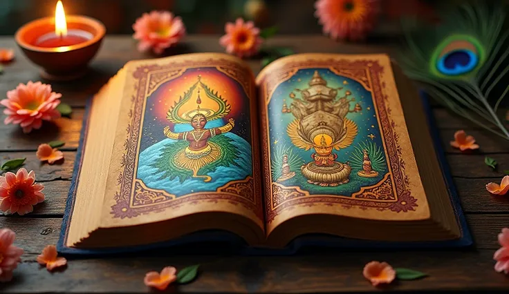 "Create a realistic image of an ancient Purana book with detailed carvings and illustrations of the 14 worlds (logangal) described in Hindu mythology. The books leather-bound cover should have intricate patterns of divine symbols, and the open pages should...