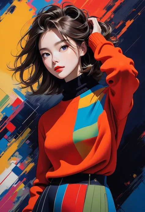  image that highlights the subject ,  tousled hair,  It adds sophistication to their look .  The overall vibe of the image is sophisticated and stylish {x} The person is wearing a dark-colored turtleneck sweater,  depicts a brightly colored person . The ba...