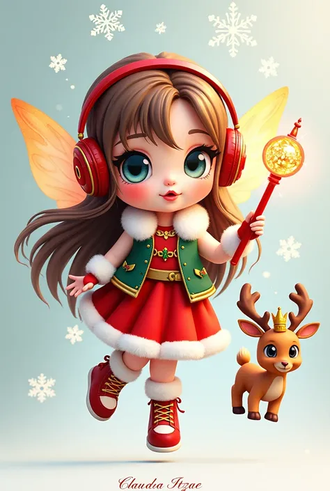   A 3D watercolor digital painting of a chibi-style holiday fairy named "CLAUDIA ITZAE" with an anthropomorphic design. She has long, layered brown hair with fairy wings and wears a red holiday dress with fur and a green and gold vest. Her eyes are blue, a...